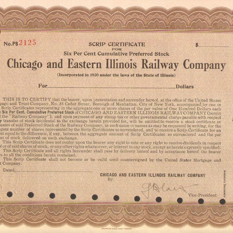 Сертификат Чикагской и Восточно-Иллинойской ЖД компании - США