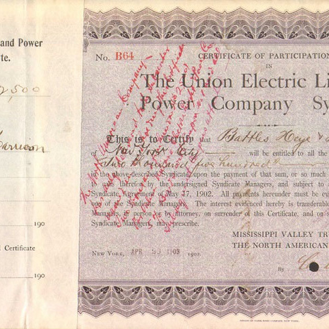 Сертификат Синдиката электрической и энергетической компаний, 1903 год - США