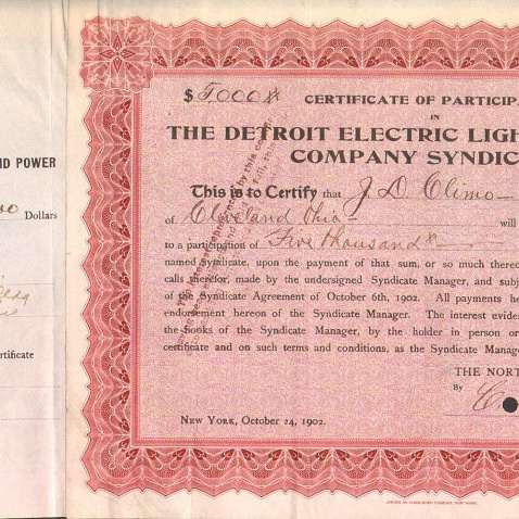 Сертиификат Синдиката Детройской электрической компании, 1902 год - США