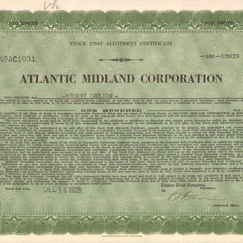 Сертификат Атлантик Мидленд корпорации, 1929 год - США