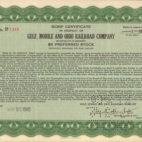 Сертификат Галф, Мобайл и Огайо ЖД компании, 1942 год - США