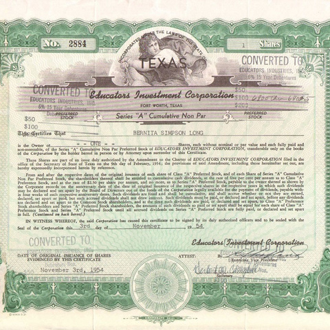 Акция Педагогической инвестиционной корпорации, 1954 год - США