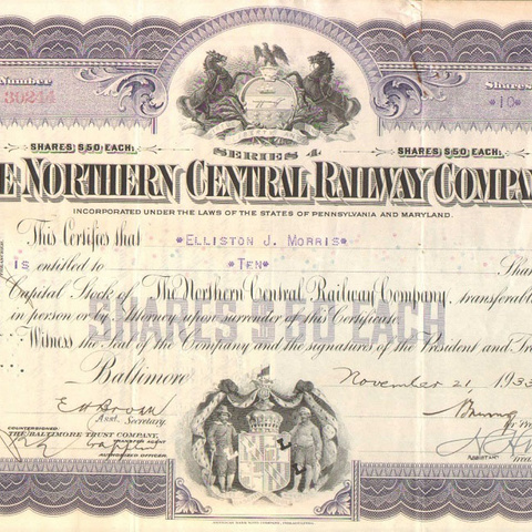 Акция Северной центральной ЖД компании, 1933 год - США