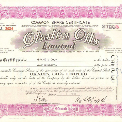 Акция Окальта нефтяной компании, 1960 год - США