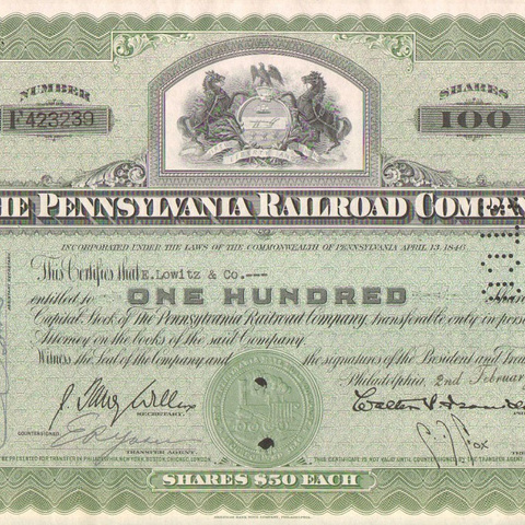 Акция Пенсильванской ЖД компании, 1951 год - США