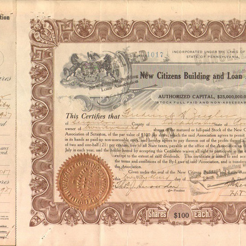 Сертификат Строительства для новых граждан и кредитной ассоциации, 1927 год - США
