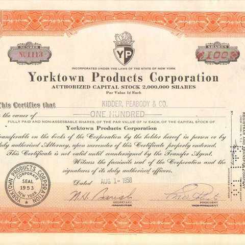 Акция Йорктаун продактс корпорации, 1958 год - США