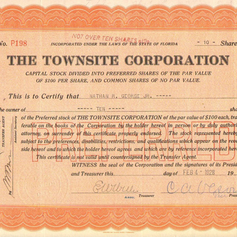 Акция Таунсайт корпорации, 1928 год - США