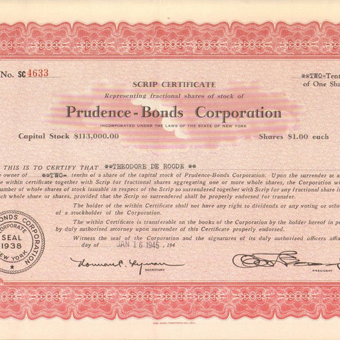 Сертификат Корпорации Пруденс облигаций, №4633, 1945 год - США