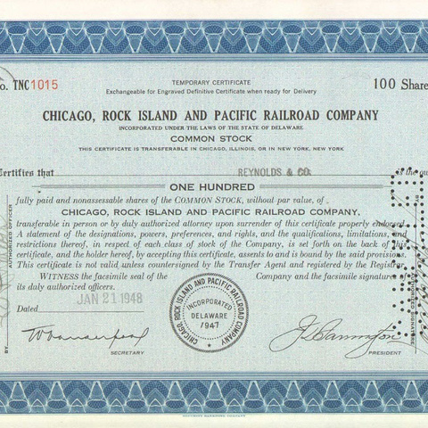 Акция Чикаго, Рок-Айленд и тихиоокеанской ЖД компании, 1948 год - США