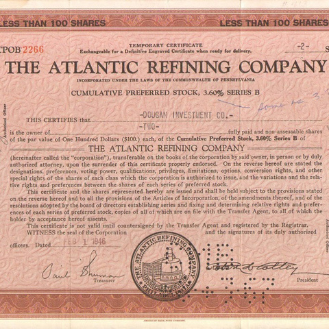 Акция Атлантической нефтеперерабатывающей компании, 1946 год - США