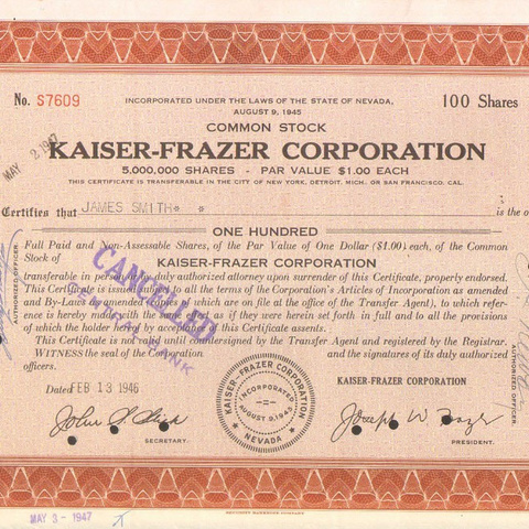 Акция Кайзер-Фрэзер корпорации, 1946 год - США