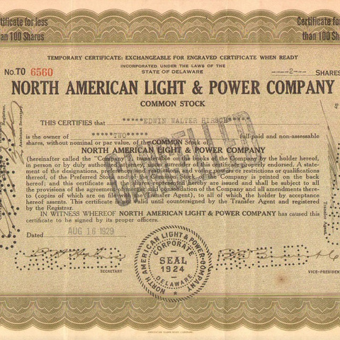Акция Североамериканской энергетической компании, 1929 год - США
