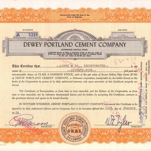 Акция Дьюи Портлэнд цементной компании, 1959 год - США