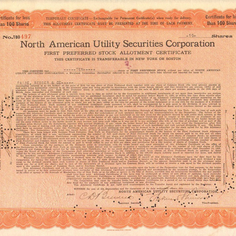 Акции Северо-Американской коммунальной корпорации 1926 год - США