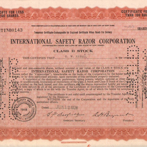 Акция Международной корпорации безопасных бритв 1928 год - США