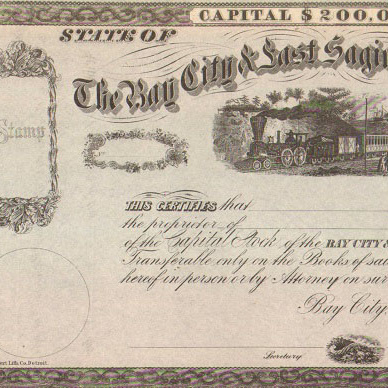 Акция Бэй сити и восточного Сагино ЖД компании 1860-е годы - США