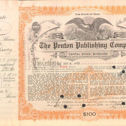 Акция Пентонской издательской компании 1923 год - США