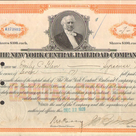 Акции Нью-Йоркской ЖД компании 1928 год - США