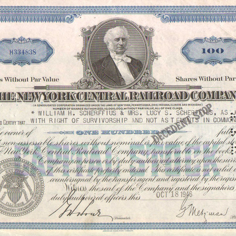 Акции Нью-Йоркской ЖД компании 1946 год - США