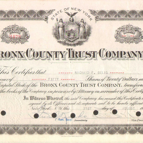 Акции Бронкс каунти страховой компании 1933 год - США