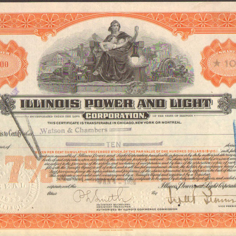 Акции Иллинойской корпорации энергии и света 1924 года - США