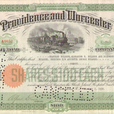 Акции Провиденс и Вустер ЖД компании 1930 год - США