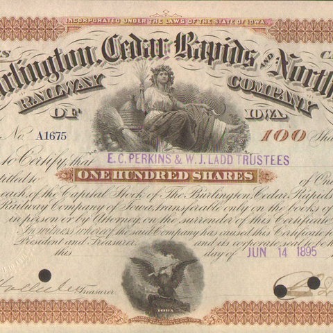 Акции Берлингтон Седан-рапидс и северной ЖД компании 1895 год - США