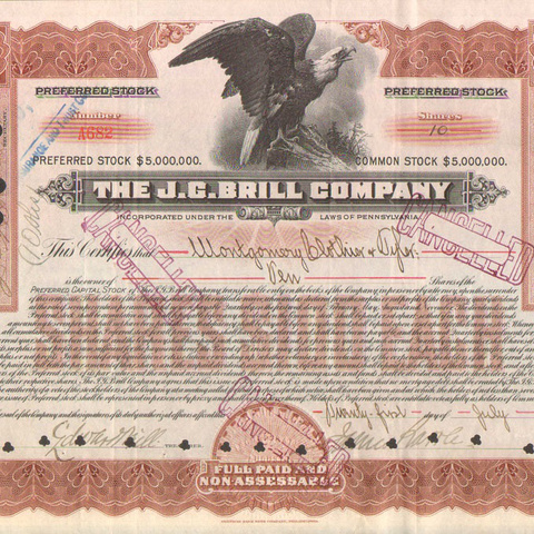 Акции Джей Си Брилл компании 1910 год - США