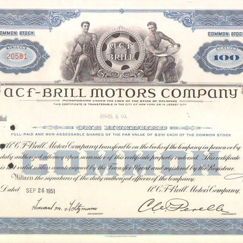 Акция ЭйСиФи - Брилл моторс компании, 1951 год - США