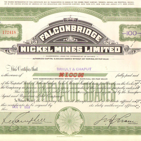 Акция Фалконбридж никель майнс лимитед, 1959 год - Канада