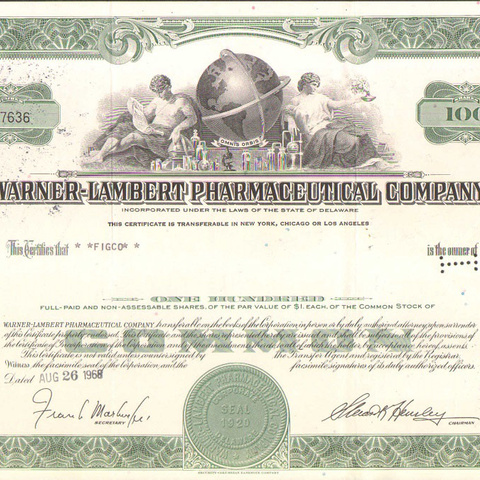 Акция Ворнер-Ламберт фармацевтической компании, 1968 год - США