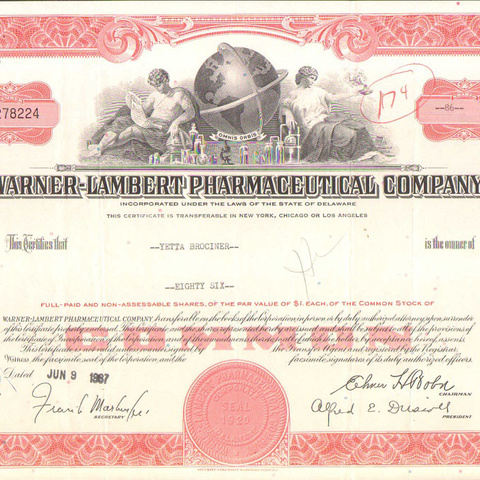 Акция Ворнер-Ламберт фармацевтической компании, 09.06.1967 год - США