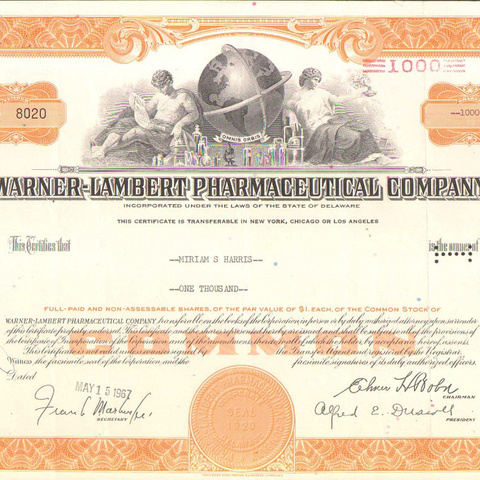 Акция Ворнер-Ламберт фармацевтической компании, 15.05.1967 год - США