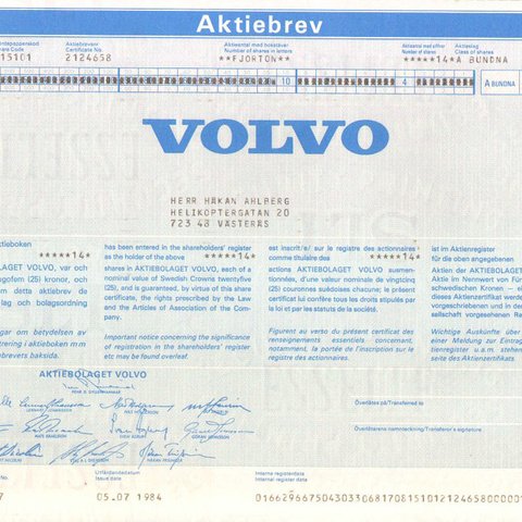 Швеция - Ценная бумага концерна Вольво, 1984 год