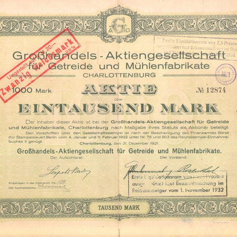 Германия - Зерно и мельницы, 1000 марок, Шарлоттенбург - 1921 год