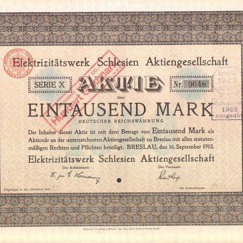 Германия - Электростанции Бреслау, 1000 марок, 1913 год