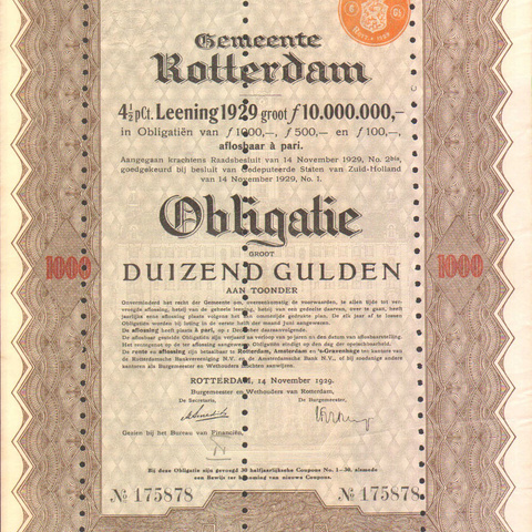 Голландия - Муниципальный заем Роттердама, 1929 год