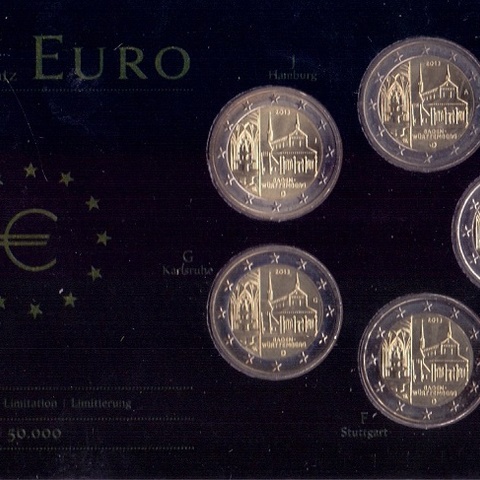 Германия - 2 евро, 2013 год (5 монетных дворов) Монастырь Маульбронн, Баден-Вюртемберг