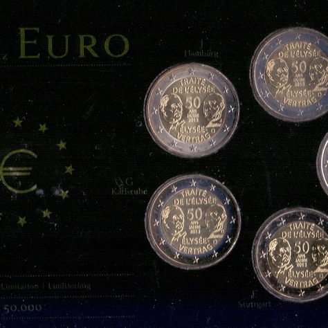 Германия - 2 евро, 2013 год (5 монетных дворов) 50 лет Елисейскому договору