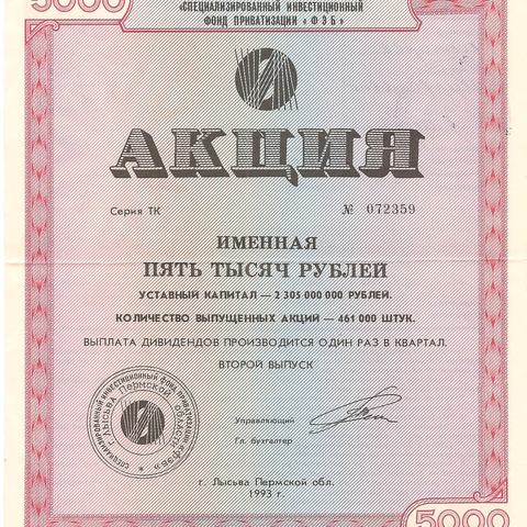 Специализированный инвестиционный фонд приватизации, акция именная 5000 рублей, 1993 год
