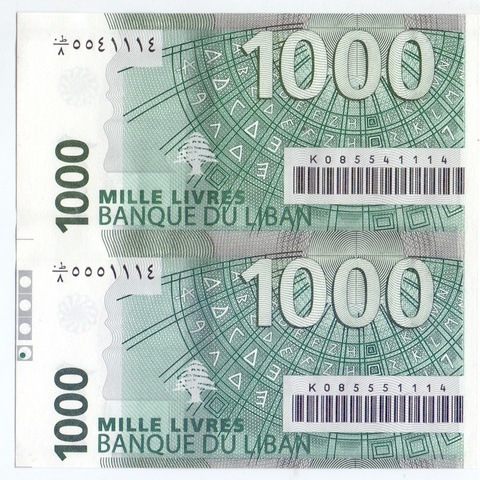 1000 ливров UNC - лист из 2-х банкнот