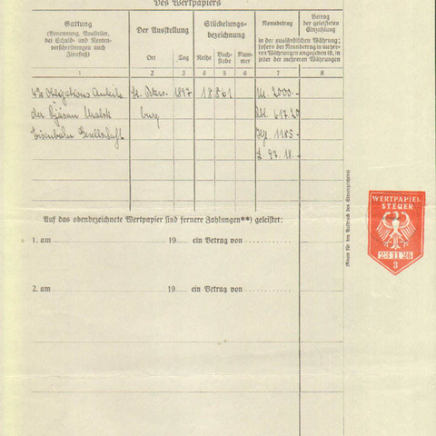 Ценная бумага к облигации 1897 года в 2000 марок. Рязанско-Уральская железная дорога