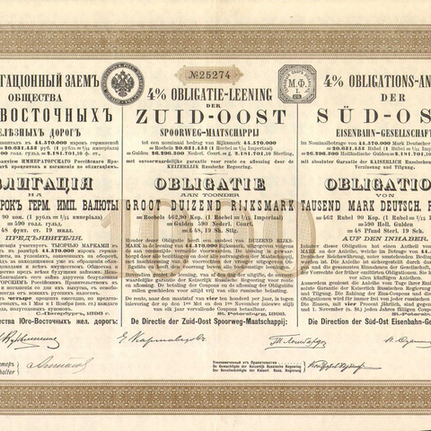 Облигация. Юго-Восточные железные дороги, 1000 марок, 1898 год