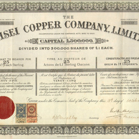 АО Енисейская медь, 1902 год - 25 акций