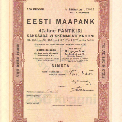 Эстония - Земельный залог - 1927 год