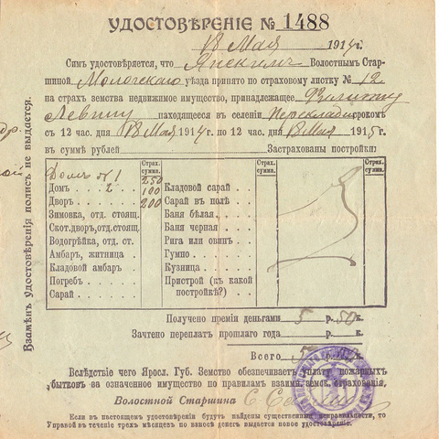 Удостоверение о страховании, МОЛОГСКИЙ уезд - 1914 год