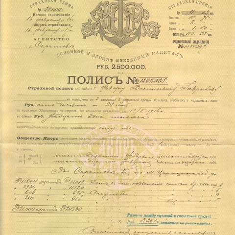 Страховое общество Якорь, Саратов, 1916 год