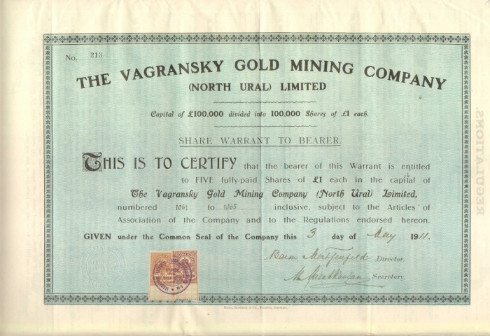 АО Вагранские золотые прииски, 1911 год