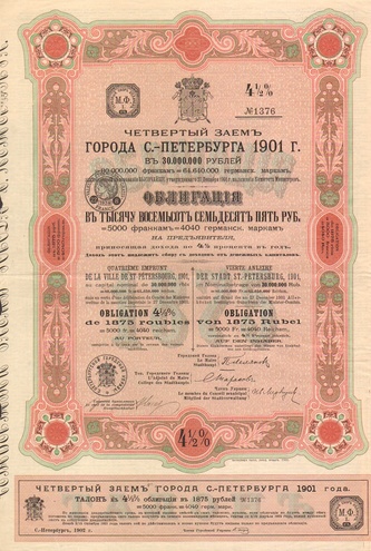 Заем Санкт-Петербурга 1875 рублей 1901 год